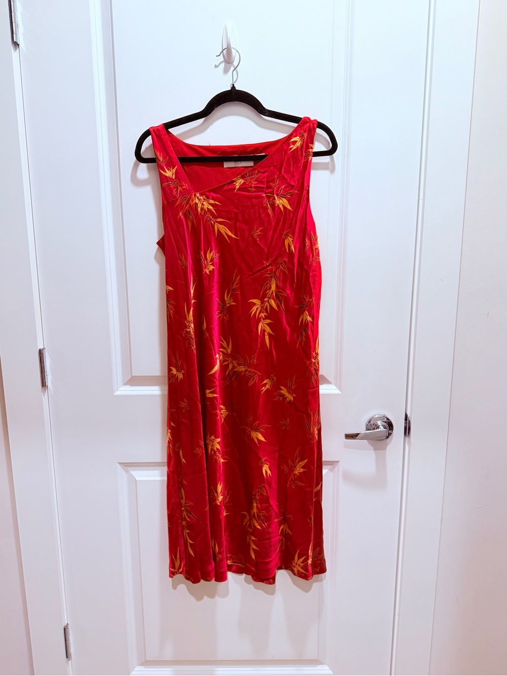 DKNY City Red 100% Silk Midi Dress with Gold Bamboo Motif